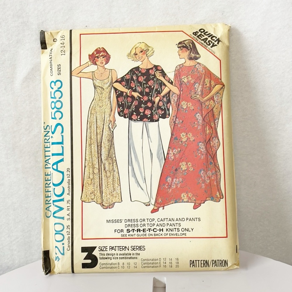 UNCUT‎ Vintage 70s MCCALLS 5853 sewing pattern Kaftan Pants Blouse Dress 1977